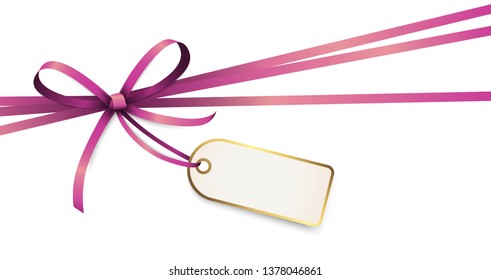 EPS 10 vector illustration of purple colored ribbon bow with hang tag and free text space isolated on white background