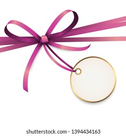 EPS 10 vector illustration of purple colored ribbon bow with hang tag and free text space isolated on white background