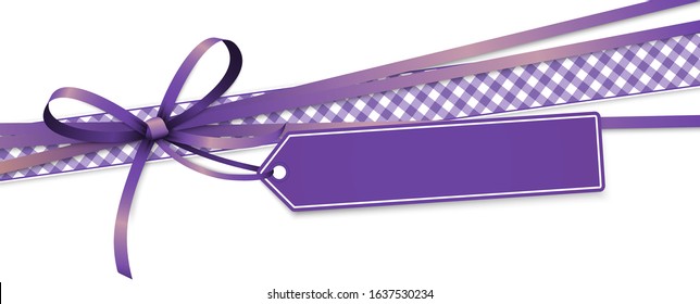 EPS 10 vector illustration of purple colored ribbon bow and gift band with pendant isolated on white background
