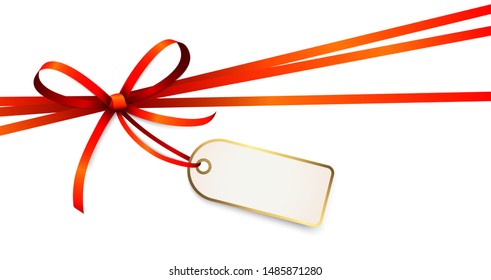 EPS 10 vector illustration of red colored ribbon bow with hang tag and free text space isolated on white background