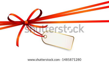 EPS 10 vector illustration of red colored ribbon bow with hang tag and free text space isolated on white background