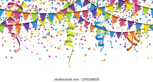 EPS 10 vector illustration of seamless colored garlands, streamers and confetti on white background for sylvester party or carnival template usage