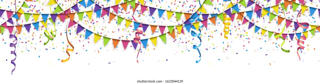 EPS 10 vector illustration of seamless colored garlands, streamers and confetti on white background for sylvester party or carnival template usage