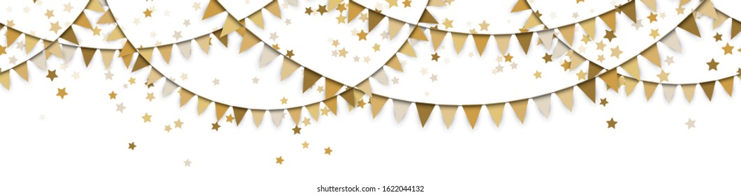 EPS 10 vector illustration of seamless gold colored garlands and confetti of stars on white background for sylvester party or carnival template usage