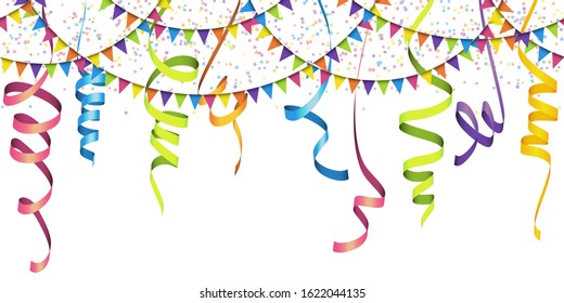 EPS 10 vector illustration of seamless colored garlands, streamers and confetti on white background for sylvester party or carnival template usage