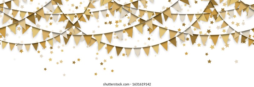 EPS 10 vector illustration of seamless gold colored garlands and confetti of stars on white background for sylvester party or carnival template usage