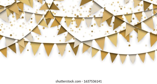 EPS 10 vector illustration of seamless gold colored garlands and confetti on white background for sylvester party or carnival template usage