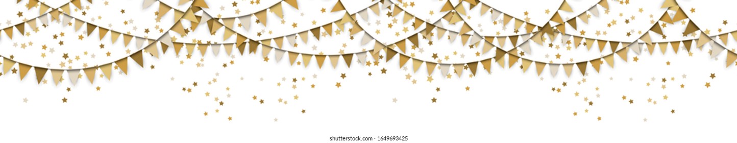 Dibujo vectorial EPS 10 de guirnaldas de color oro sin fisuras y confeti de estrellas sobre fondo blanco para el uso de la fiesta silvestre o de la plantilla de carnaval