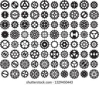 EPS 10 vector illustration set of eighty different cog wheels in two perfectly interlocking sizes. Half of the black gear wheels have twelve teeth, the other half of cogwheels have sixteen teeth.