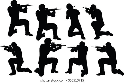 EPS 10 Vector Illustration In Silhouette Of Businessman Soldier Shoot