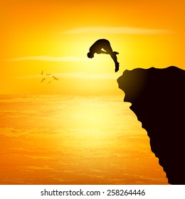 EPS 10 Vector illustration of silhoutte of a man jumping from the rock. Used mesh, transparency and blendig mode. Objects are logically layered and easy to edit.
