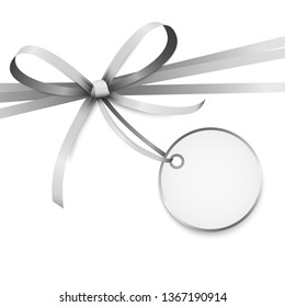 EPS 10 vector illustration of silver colored ribbon bow with hang tag and free text space isolated on white background