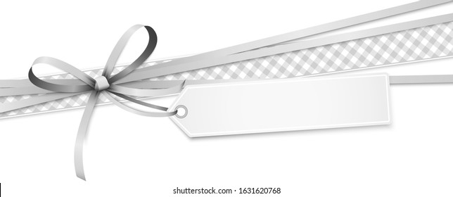 EPS 10 vector illustration of silver colored ribbon bow and gift band with pendant isolated on white background
