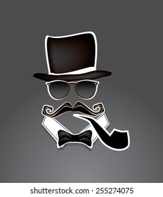 Eps 10 vector illustration of stylized elements of gentleman, snob business man. Mustache, hat, eyeglasses, bow and pipe and on gray background texture. Father's Day postcard, greeting card. 