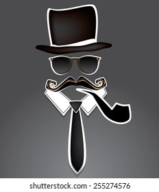 Eps 10 vector illustration of stylized elements of gentleman, snob business man. Mustache, hat, eyeglasses, tie and pipe and on gray background texture. Father's Day postcard, greeting card. 