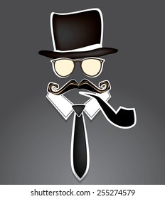 Eps 10 vector illustration of stylized elements of gentleman, snob business man. Mustache, hat, eyeglasses, bow and pipe and on gray background texture. Father's Day postcard, greeting card. 