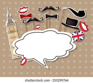Eps 10 vector illustration of stylized english man and woman from London with blank empty white speech bubble for your text isolated on light brown background with polka dots. English society concept