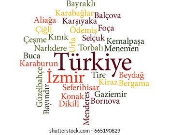 EPS 10 vector Illustration of the Turkish city Izmir subdivisions in word clouds