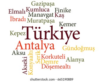 EPS 10 vector Illustration of the Turkish city  Antalya subdivisions in word clouds