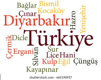 EPS 10 vector Illustration of the Turkish city Diyarbakir subdivisions in word clouds