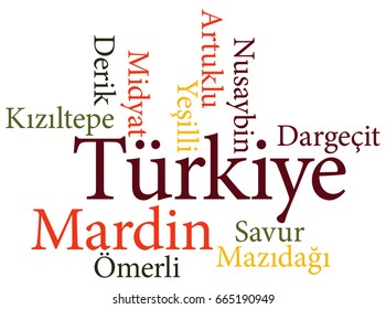 EPS 10 vector Illustration of the Turkish city Mardin subdivisions in word clouds