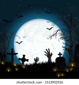 EPS 10 vector illustration with zombie hands in front of full moon with scary illustrated elements for Halloween background layouts