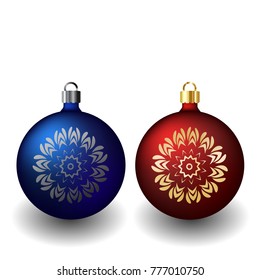 EPs 10 vector isolated christmas balls red blue. Golden silver new year ornament decoration