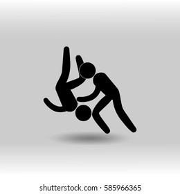 eps 10 vector Judo sport icon. Summer sport activity pictogram for web, print, mobile. Black athlete sign isolated on gray. Hand drawn competition symbol. Graphic design clip art illustration