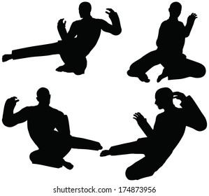 EPS 10 Vector - Karate martial art silhouettes of men in flying kick karate poses