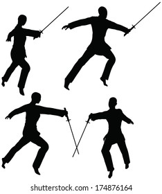 EPS 10 Vector - Karate Martial Art Silhouettes Of Man And Woman In Sword Fight Karate Poses