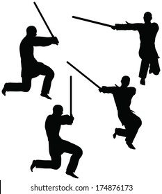 EPS 10 Vector - Karate Martial Art Silhouettes Of Man And Woman In Sword Fight Karate Poses