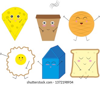 EPS 10 vector. Kawaii breakfast food set.