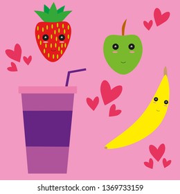 EPS 10 vector. Kawaii smoothie with banana, apple and strawberry.