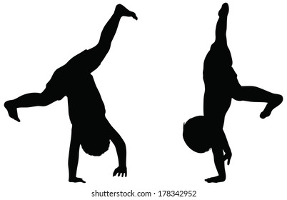 EPS 10 Vector. Kids Silhouettes in position of Cartwheel isolated on white.