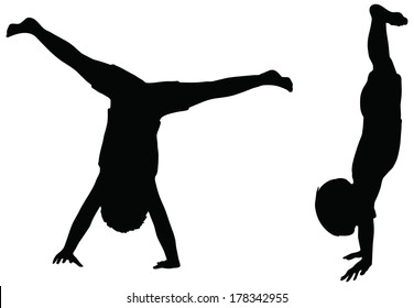 EPS 10 Vector. Kids Silhouettes In Position Of Cartwheel Isolated On White.