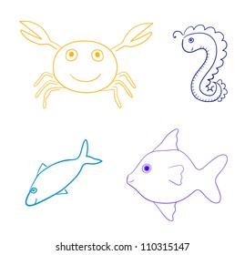 Eps 10 vector marine life characters. Design elements set. Contains fish, crab and horsefish