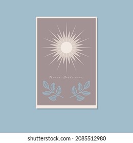 EPS 10 vector. Minimalistic simple card on a blue background with a floral print. A collection of images in gentle pastel shades. Geometric beige elements. Frame for cover, printed matter, poster