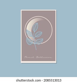 EPS 10 vector. Minimalistic simple card on a blue background with a floral print. A collection of images in gentle pastel shades. Geometric golden elements. Frame for cover, printed matter, poster.