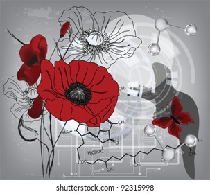 EPS 10 vector - modern poppies composition with water molecules and chlorophyll formula - All elements are on separate layers - easily editable