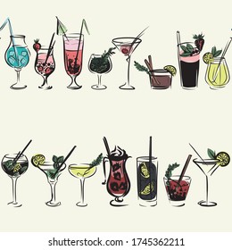 EPS 10 vector multicolored seamless pattern with a set of cocktails. Print for fabric clothes, shirts or for menus or web sites. Wrapping paper or card with drinks. For towels and tablecloth