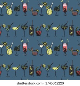EPS 10 vector multicolored seamless pattern with a set of cocktails. Print for fabric clothes, shirts or for menus or web sites. Wrapping paper or card with drinks. For towels and tablecloth