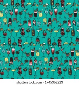 EPS 10 vector multicolored seamless pattern with a set of cocktails. Print for fabric clothes, shirts or for menus or web sites. Wrapping paper or card with drinks. For towels and tablecloth