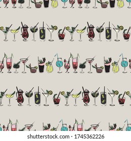 EPS 10 vector multicolored seamless pattern with a set of cocktails. Print for fabric clothes, shirts or for menus or web sites. Wrapping paper or card with drinks. For towels and tablecloth