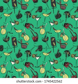EPS 10 vector multicolored seamless pattern with a set of cocktails. Print for fabric clothes, shirts or for menus or web sites. Wrapping paper or card with drinks. For towels and tablecloth