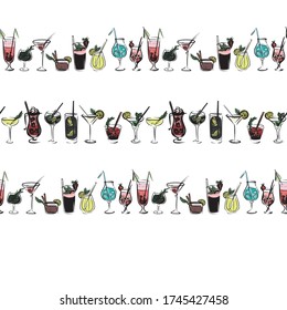EPS 10 vector multicolored seamless pattern with a set of cocktails. Print for fabric clothes, shirts or for menus or web sites. Wrapping paper or card with drinks. For towels and tablecloth
