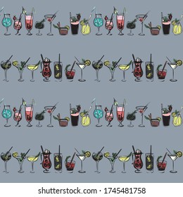 EPS 10 vector multicolored seamless pattern with a set of cocktails. Print for fabric clothes, shirts or for menus or web sites. Wrapping paper or card with drinks. For towels and tablecloth