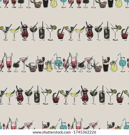 EPS 10 vector multicolored seamless pattern with a set of cocktails. Print for fabric clothes, shirts or for menus or web sites. Wrapping paper or card with drinks. For towels and tablecloth