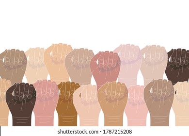 EPS 10 vector. Multiracial fists in the air. Fight for rights concept.