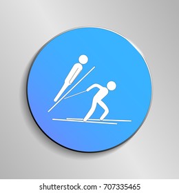 eps 10 vector Nordic Combined sport icon. Winter activity pictogram for web, print, mobile. White athlete sign isolated on blue button. Hand drawn competition symbol. Graphic design clip art element