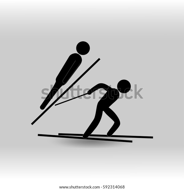 eps 10 vector Nordic Combined sport icon. Winter\
sport activity pictogram for web, print, mobile. Black athlete sign\
isolated on gray. Hand drawn competition symbol. Graphic design\
clip art element